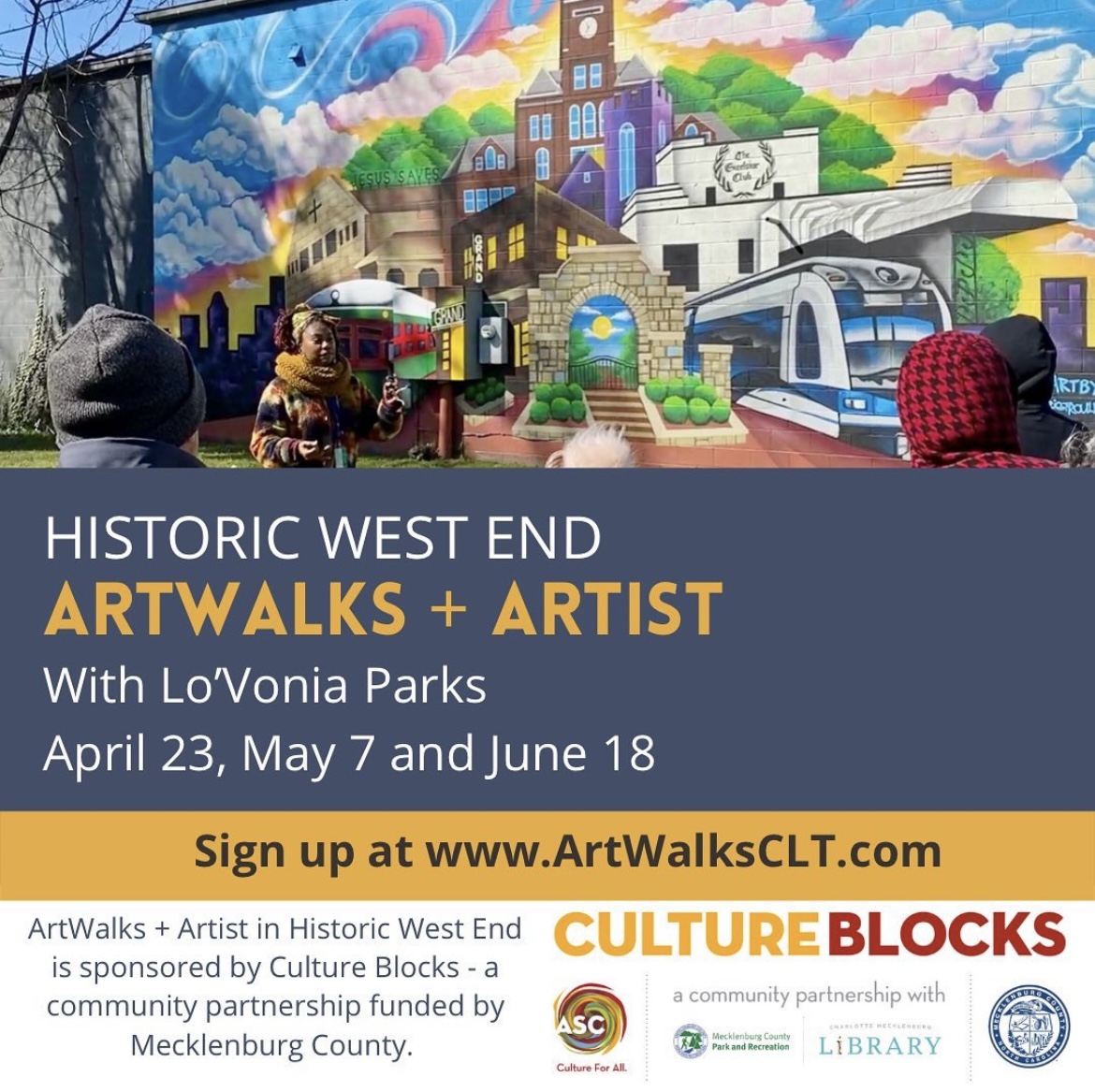 Join us for an upcoming ArtWalks + Artist event! A guided community tour led by award-winning artist, Lo'Vonia Parks, the first walk will happen this Saturday. See below for details 

🗓: Sat, April 23, 2022, 12 pm
📍: Five Points Plaza
💲: FREE sign up on artwalksclt.com