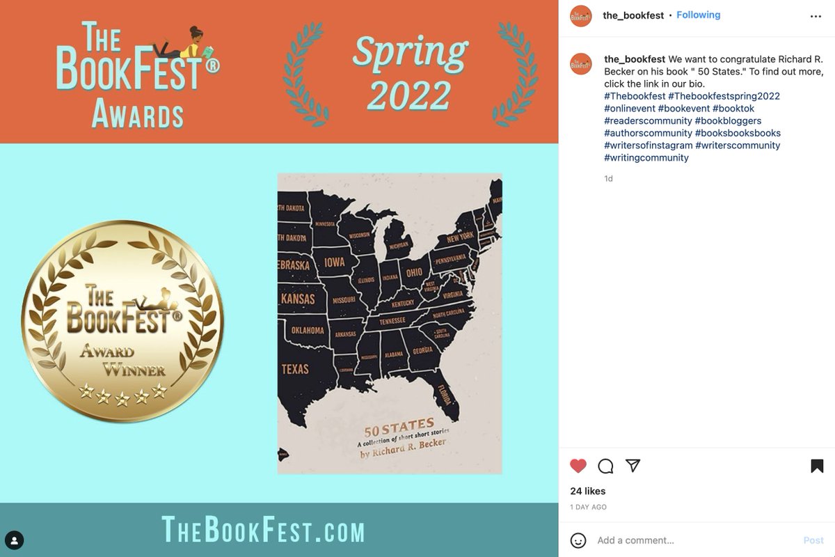 RichBecker's tweet photo. As found on Instagram. Thank you BookFestAwards! https://t.co/vYMVekVqXz #thebookfest #readerscommunity #blookbloggers #booklovers #readers #shortstories https://t.co/ICLh4lN8Tv