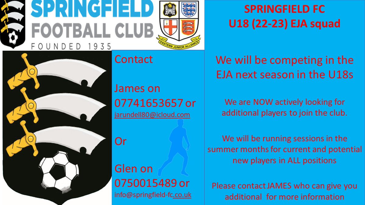 SpringfieldF's tweet image. PLEASE RT IF POSSIBLE

@Sfc18sEJA @ped1980 @Springfieldeja @essexfootie @EssexCoaches @Meatesy @Brooksy_11 @FrancescoZabot1 @pete0802 @jacob_dennis10 @SpringfieldFCR @U14Reds @BCFAYL @EJALeague