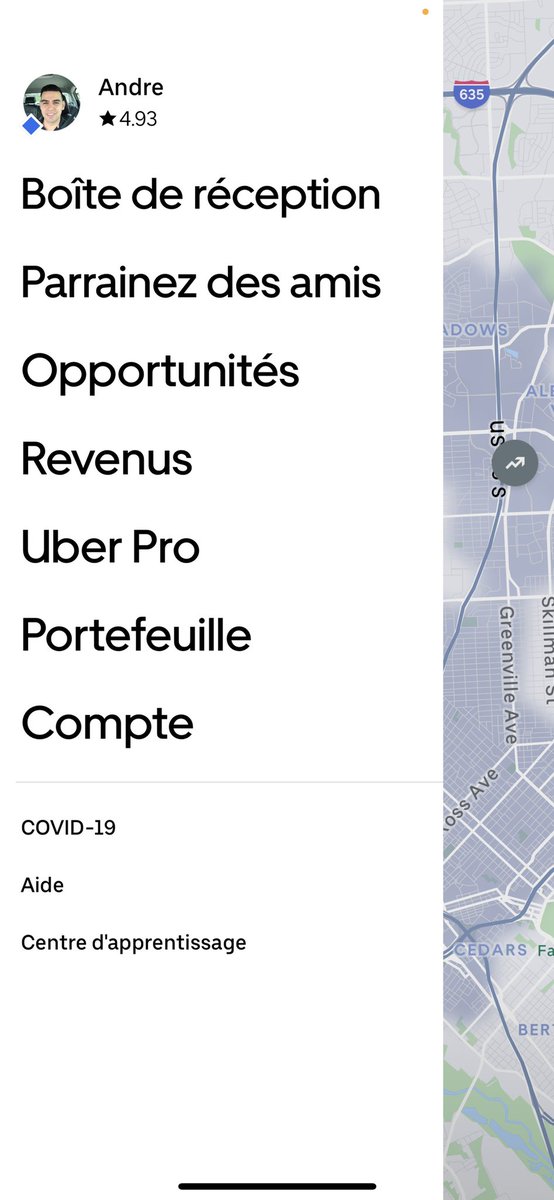 RideshareDfw's tweet photo. Had my app switch menu from English to French yet SUb menu is all in English. Anyone else experiencing these issues? #uber @Uber_Support https://t.co/KEBdLHKZIs