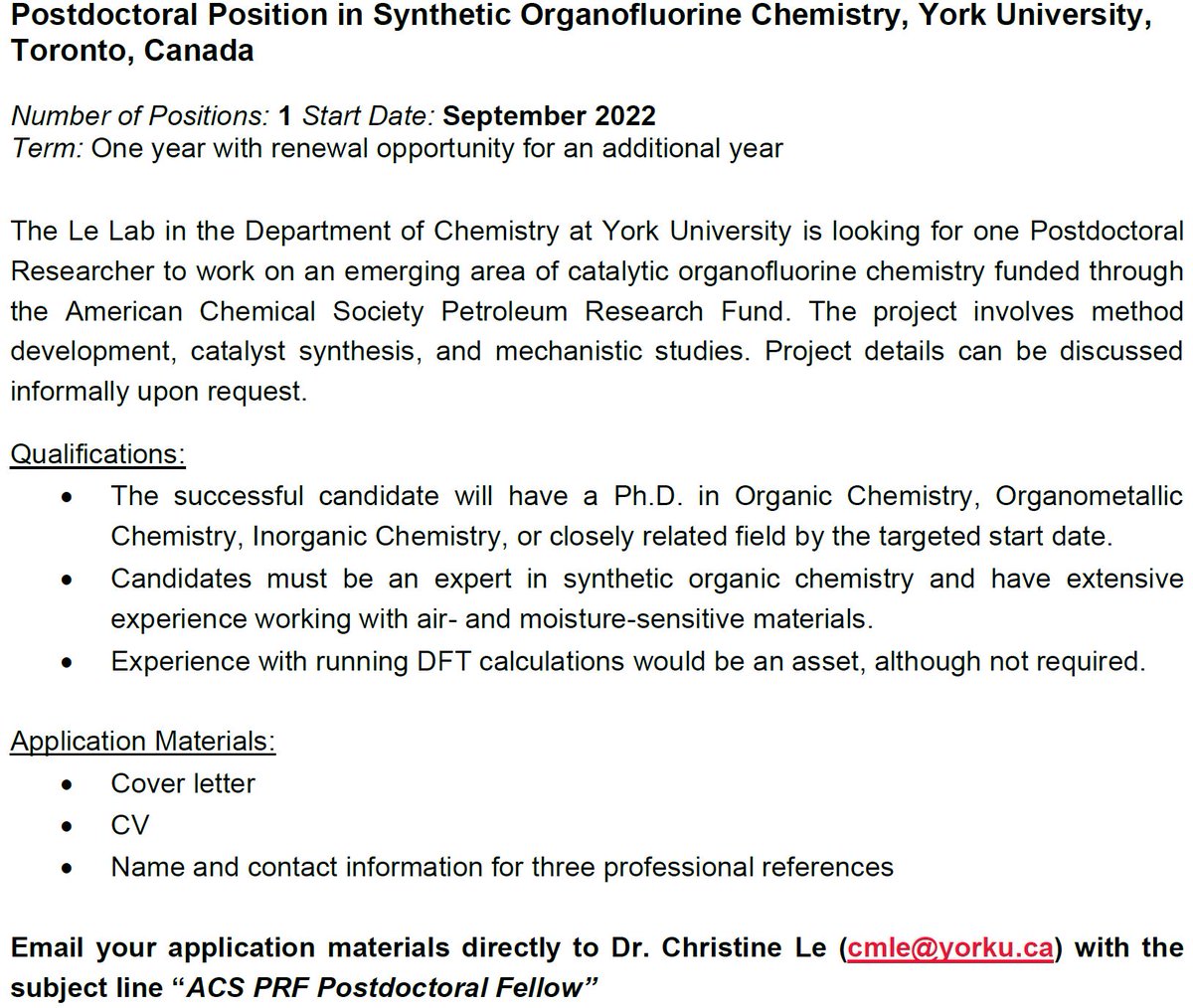 🚨 JOB ALERT (please share and RT)! We are looking to hire one Postdoctoral Researcher to work on an emerging area of catalytic organofluorine chemistry with a start date of Sept 2022 (flexible!) Application details can be found here: shorturl.at/jlovI #chempostdoc