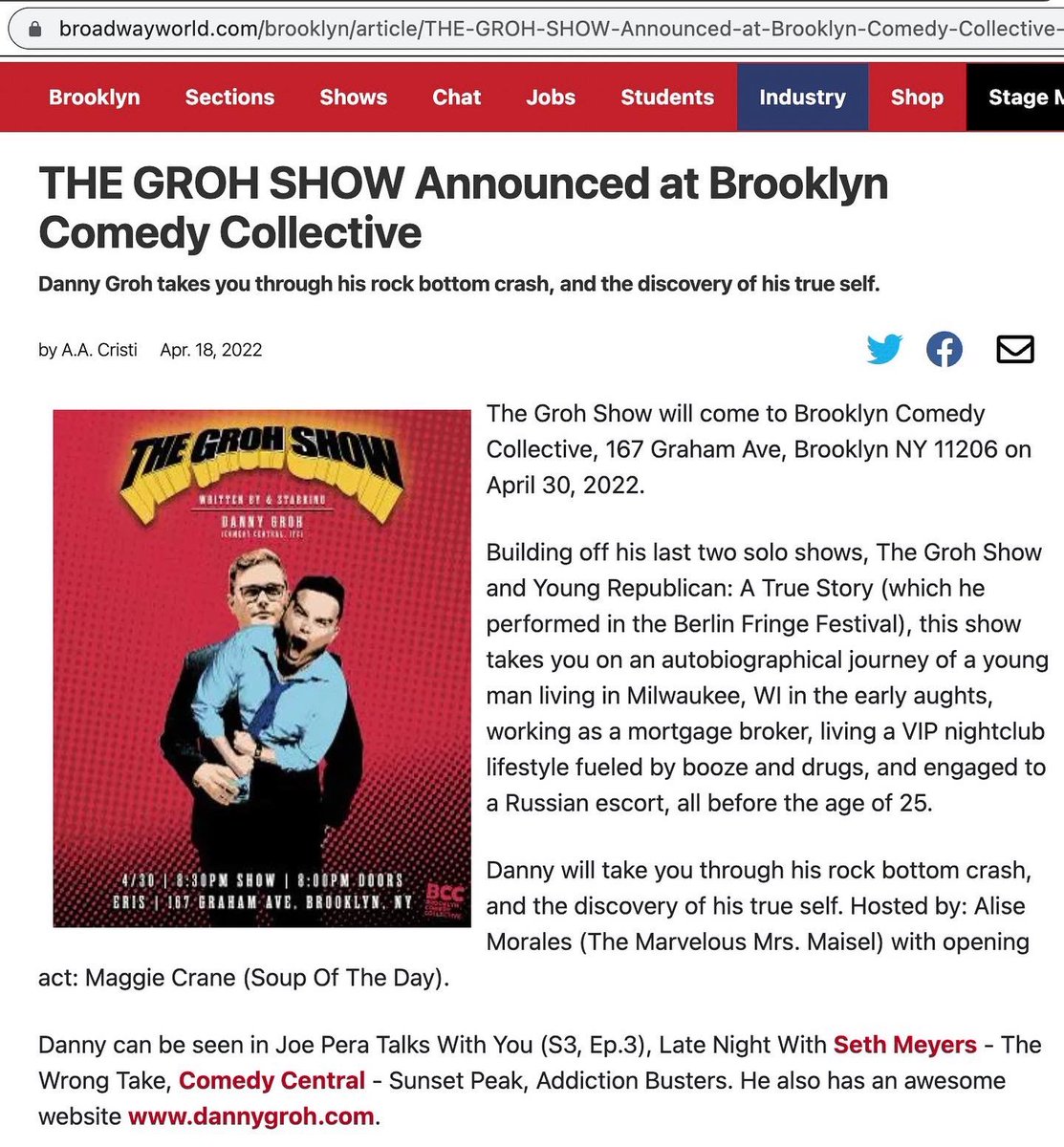 DannyGSlam's tweet photo. 🙏 @BroadwayWorld for the dope soap 🧼 press release 🗞 The Groh Show returns to @ComedyBrooklyn on 4/30 at 8:30pm 🎭 Hosted by: @AliseNavidad and Opening Act: @MargaretKCrane 🎤 Grab some tickets for you and your buddies!!! https://t.co/BDUe36O4Sl