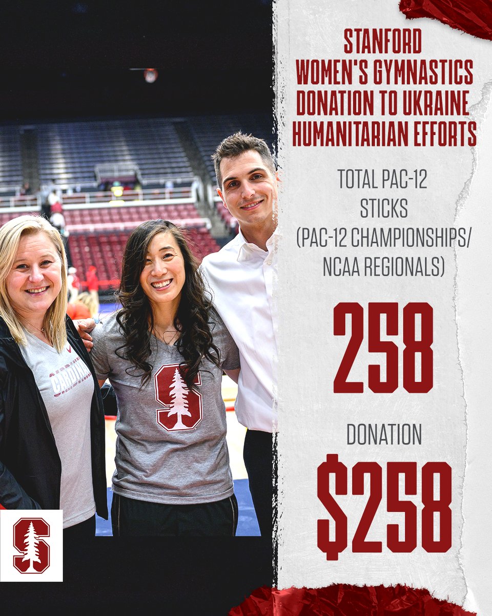 StanfordWGym's tweet photo. We've accepted @taras_tweets &amp; @StanfordWBB's challenge!

Thanks to @APintchouk's hard work, we are donating $258 to Help Ukraine Center, $1 per stick by a Pac-12 gymnast during @pac12 Championships and NCAA Regionals  🤸‍♀️

Proud to support the efforts of the @GoStanford family 💪 https://t.co/WBnQ6s1vLn