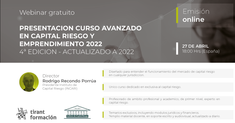 Tirant_ESP's tweet photo. 🗣️ Tirant Formación | Te invitamos a participar en el #WebinarGratuito Presentación Curso Avanzado en #CapitalRiesgo y #Emprendimiento 2022
🗓 27 de abril
🕕 18:00 hrs España
¡Inscríbete! 👉https://t.co/yQqkjKf5eT
Director:
✔Rodrigo Recondo Porrúa
#TirantFormación #INCARI https://t.co/p1JIgeX0o1