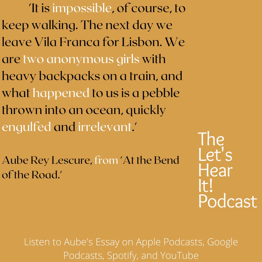 6. Which episode of the Let's Hear It! Podcast is your favorite, retweet if you love this one: 
Listen now if you haven't already : linktr.ee/letshearitaudio
<a href="/AubeReyLescure/">Aube Rey Lescure</a> "At the Bend of the Road", Read by  @yorachel__ <a href="/GuernicaMag/">Guernica Magazine</a>  <a href="/ChrisOgleVO/">Chris Ogle Voice Over</a>  <a href="/letshearitaudio/">Let's Hear It!</a>