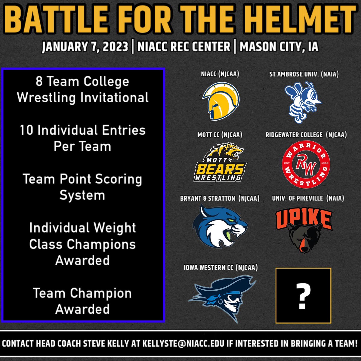 NIACC1Wrestling's tweet photo. We have added another team to the Battle for the Helmet on Jan. 7, 2023! 👀

@ReiverWrestling will be making the trip to Mason City and bringing a full squad ready to go to battle! 🔥

We are excited! Who’s going to be next? 🤔

Let us know! 1️⃣ spot left!

#TrojanUp | 🤼‍♂️🟡🔵 https://t.co/R39x4tEn5o