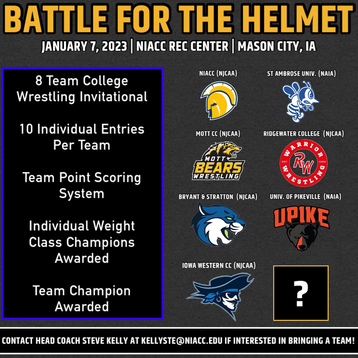 We have added another team to the Battle for the Helmet on Jan. 7, 2023! 👀 @ReiverWrestling will be making the trip to Mason City and bringing a full squad ready to go to battle! 🔥 We are excited! Who’s going to be next? 🤔 Let us know! 1️⃣ spot left! #TrojanUp | 🤼‍♂️🟡🔵