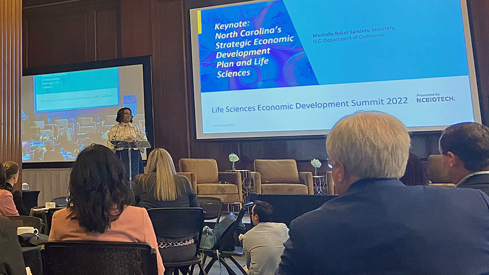 NCLifeSci's tweet photo. We're at @ncbiotech today for the Life Sciences Economic Development Summit. NC Commerce Sec Machelle Sanders is presenting. #LSEDSummit2022 https://t.co/xNmdaVGprw https://t.co/xqZwJ3aJon