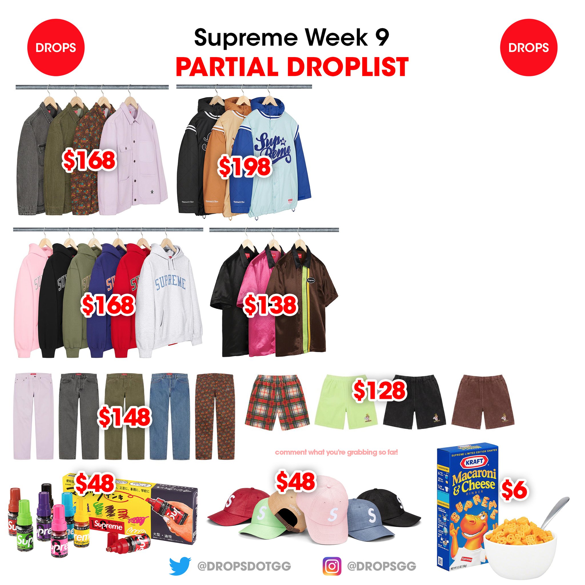 Supreme Drops on Twitter "Supreme Week 9 Partial Droplist & Retails