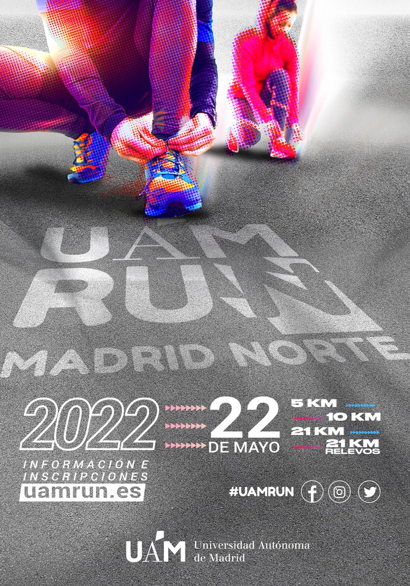 uamrun's tweet photo. Es la hora, ¡#UAMRUN ha vuelto!. Inscríbete en alguna de las distancias, individualmente o en equipo, y corre el próximo 22 de mayo🗓️. 5K, 10K, 21K y 21K relevos. Toda la info en https://t.co/yToe2SDysy 🏃‍♂️🏅#carrerapopular #running #mediamaratón https://t.co/ODL54FbEVx