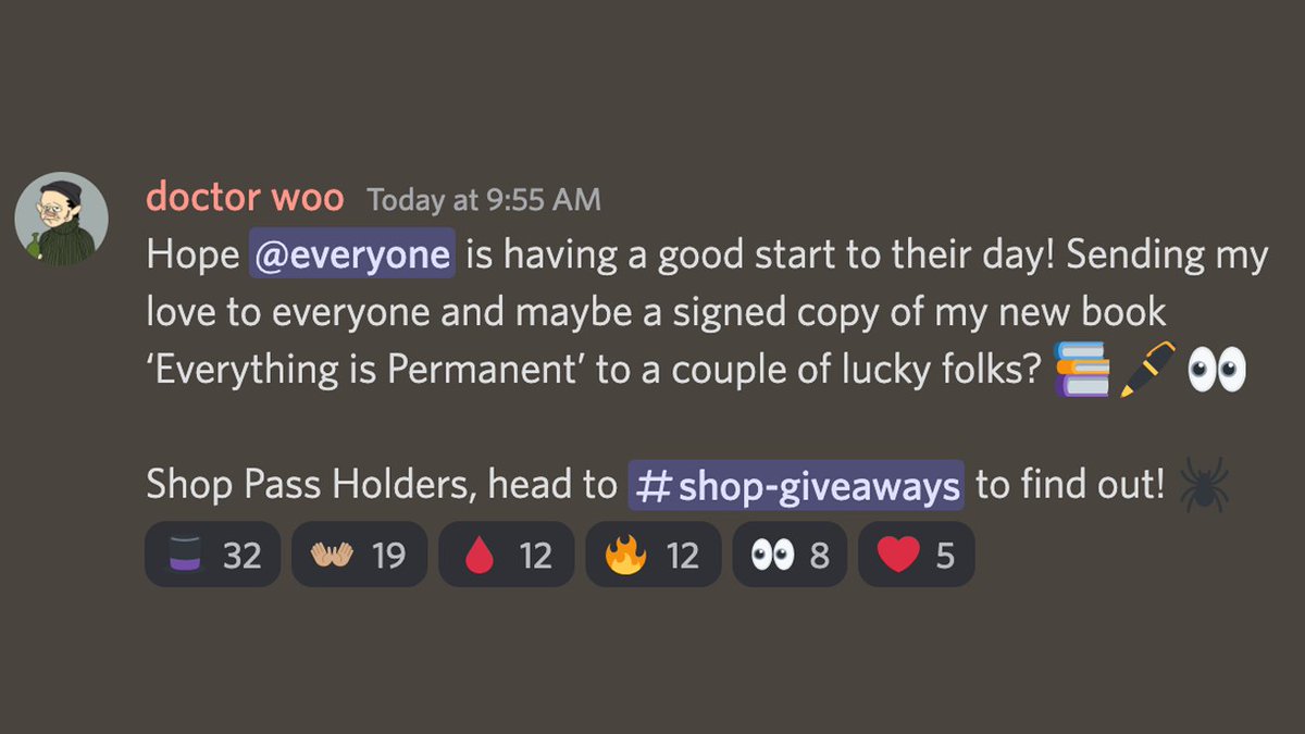 scabshop's tweet photo. Shop Pass holders, @_dr_woo_ just came through the Discord and dropped a giveaway for his new book 'Everything is Permanent'

Don't miss 🪡🩸📚 https://t.co/y422Cjl12O
