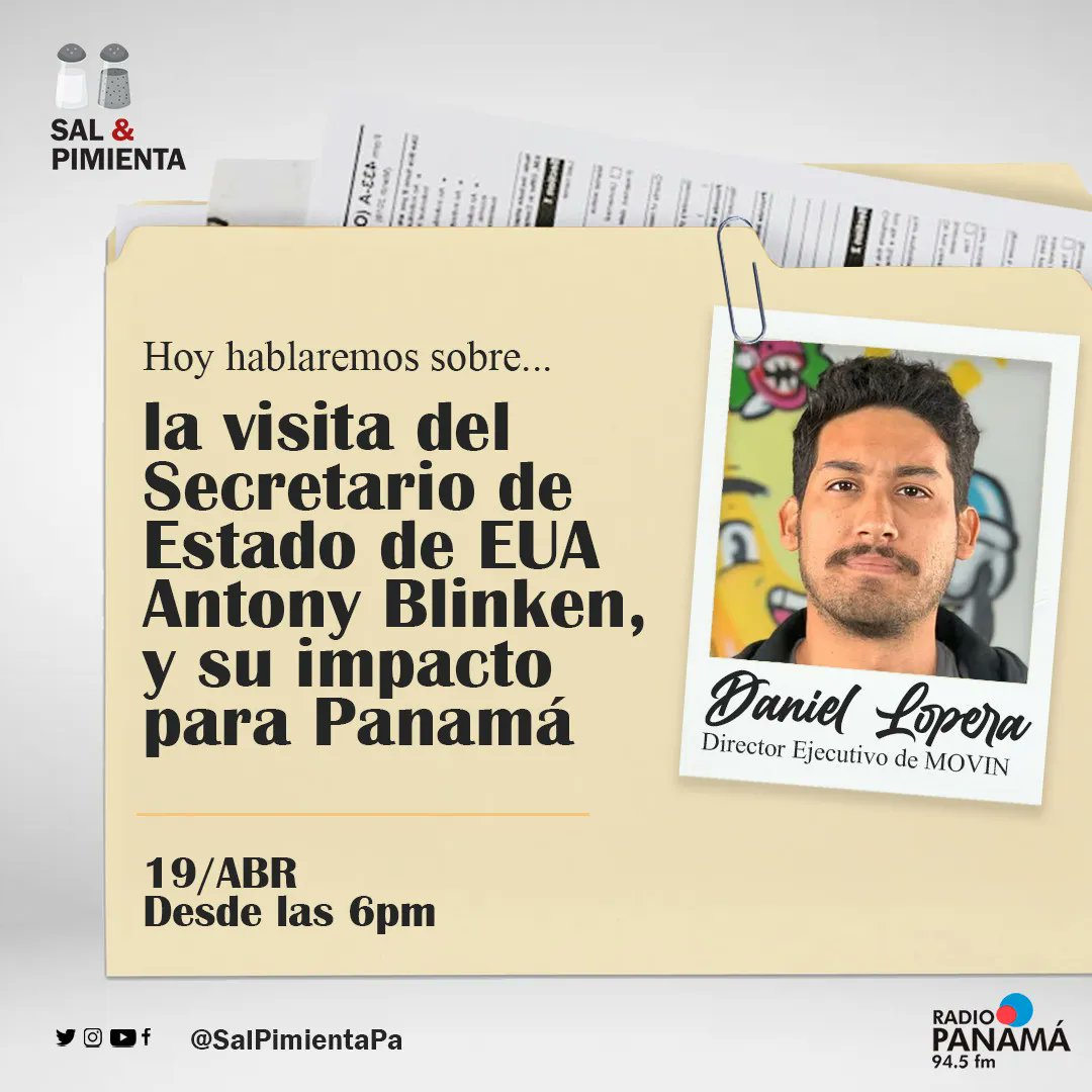 Hoy hablaremos con Daniel Lopera, Director Ejecutivo de MOVIN, sobre la visita del secretario de Estado Antony Blinken, y su impacto para Panamá. Desde las 6:00 pm, por <a href="/radiopanama/">Radio Panamá</a>, con <a href="/aplanells/">Annette Planells</a>, <a href="/marielaeledezma/">Mariela Ledezma</a> y <a href="/emartineztv/">Eric Martinez</a>
#VisitaPanamá <a href="/SecBlinken/">Secretary Antony Blinken</a> <a href="/StateDept/">Department of State</a>