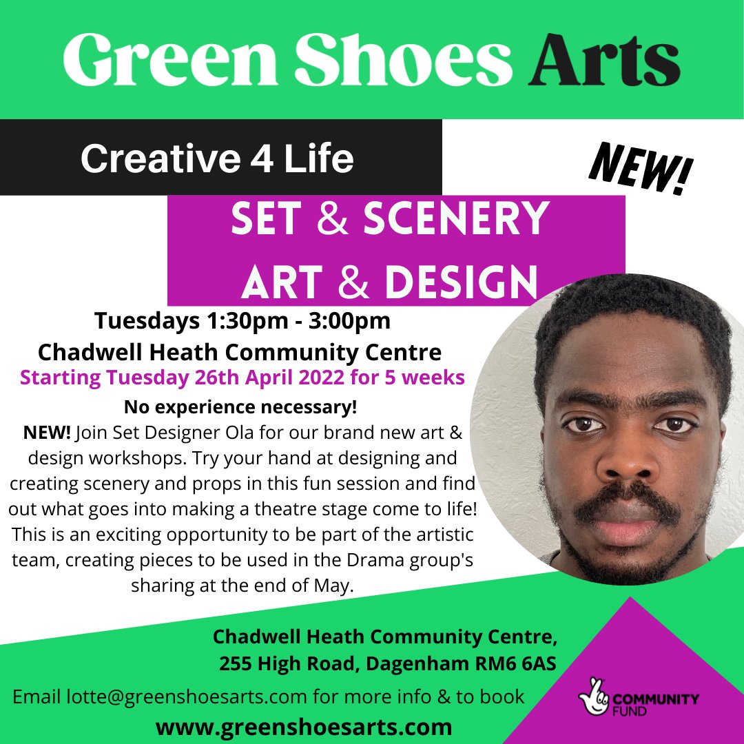 GreenShoesArts (@greenshoesarts1) on Twitter photo New! Join Set Designer Ola every Tuesday at Chadwell Heath Community Centre and learn how to design and make scenery and props. Help set the stage for our drama group and try something new!
Email lotte@greenshoesarts.com to book your place
#barkinganddagenham #design #community New! Join Set Designer Ola every Tuesday at Chadwell Heath Community Centre and learn how to design and make scenery and props. Help set the stage for our drama group and try something new!
Email lotte@greenshoesarts.com to book your place
#barkinganddagenham #design #community