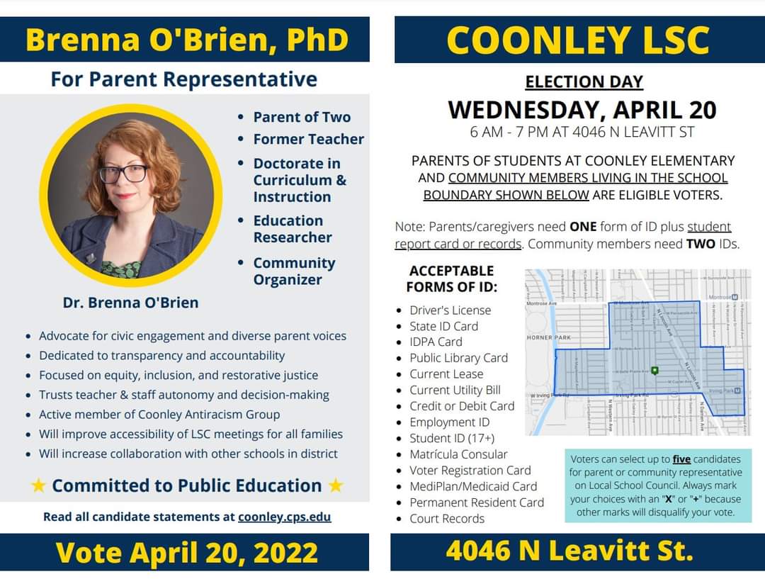 raynaemoo's tweet photo. #LSCelections are tomorrow! Vote Dr. @BrennaDemands O'Brien, who is running this year. She has a really fresh perspective & I love that she is keenly focused on initiatives to improve inclusion, equity and accessibility. We will be better off with Brenna on the team. #coonley https://t.co/V3pyJGxUZx