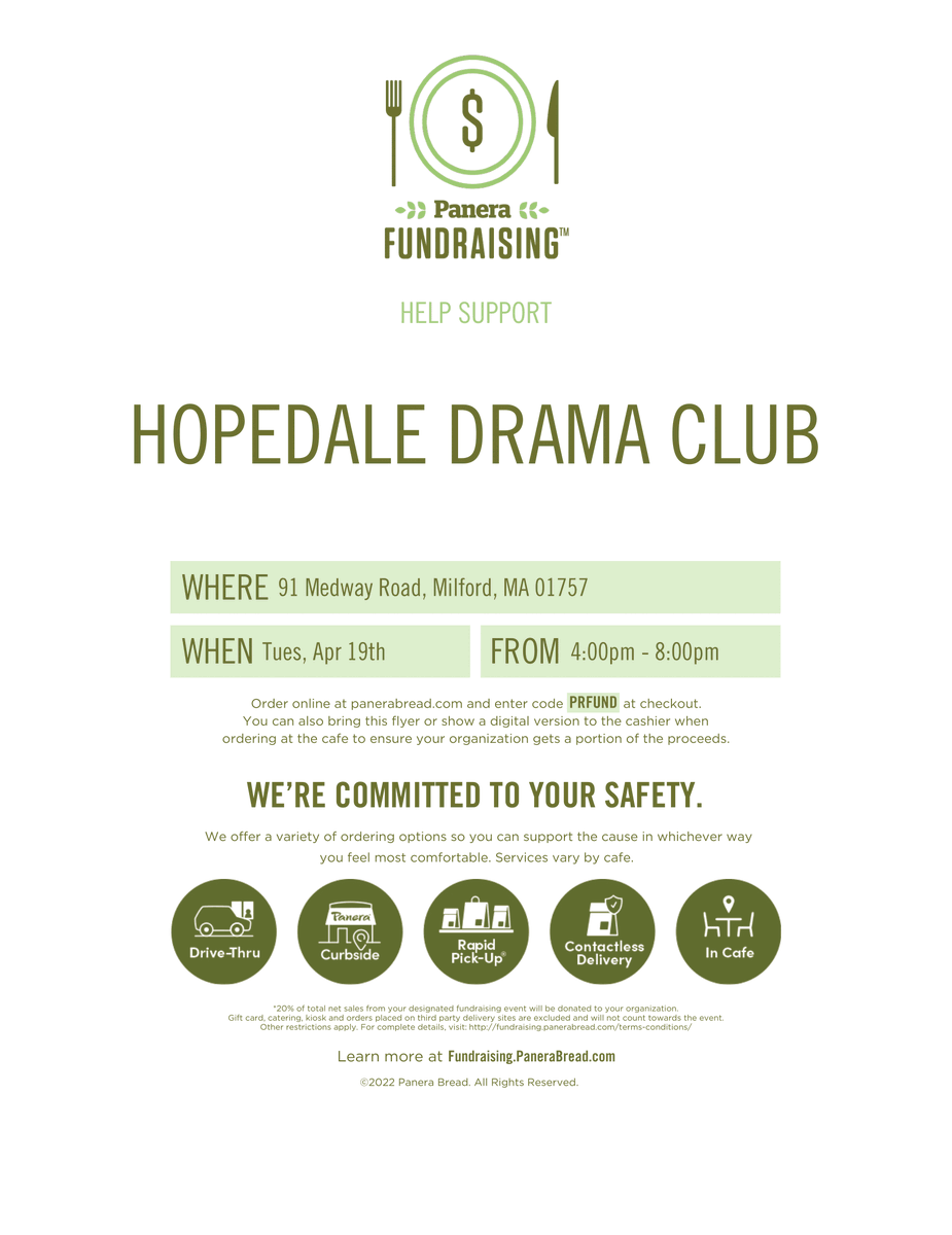 cchatham5's tweet photo. The Drama Club is holding a fundraiser at Panera in Milford TONIGHT (4/19) from 4-8 PM.  Stop by and grab some delicious food! Show the flyer or order online and use the code "PRFUND" at checkout. We hope to see you all there! @hopedalejshs @TriMHopedale @HFOM_Hopedale https://t.co/W4oxla2d0J