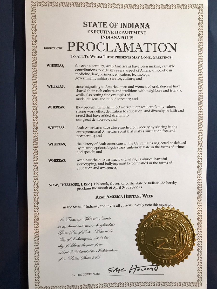 Governor Holcomb declared April 3-8 to be Arab American Heritage Week. He noted, "history of Arab Americans in the US remains neglected or defaced by misconceptions, bigotry, and anti-Arab hate in the forms of crimes and speech." #ArabAmericanHeritageMonth