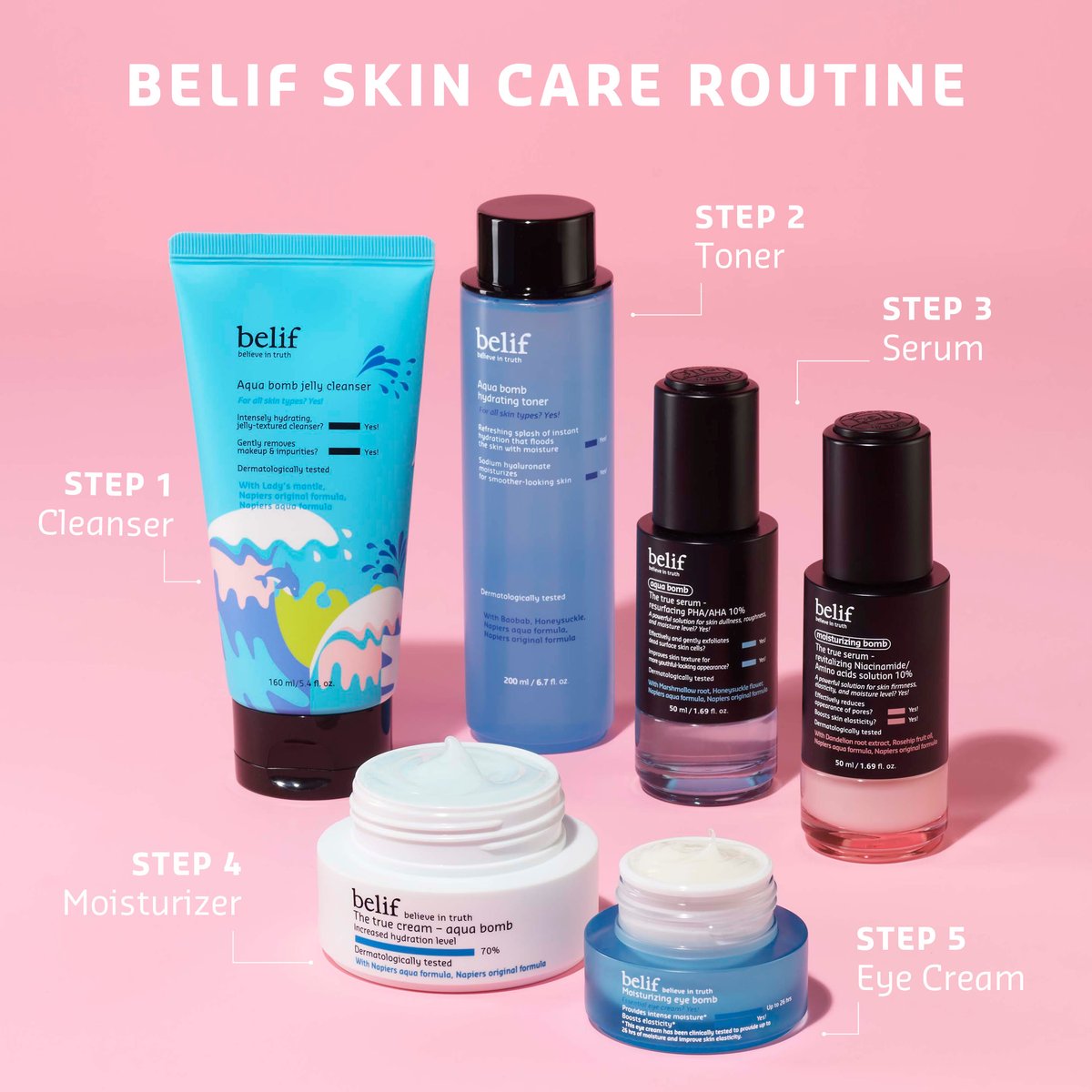 A skin care routine you can 'belif' in. bit.ly/3LWJJay
1️⃣ Aqua bomb jelly cleanser
2️⃣ Aqua bomb hydrating toner
3️⃣ The true serum - resurfacing PHA/AHA or The true serum - revitalizing Niacinamide
4️⃣ The true cream aqua bomb
5️⃣ Moisturizing eye bomb