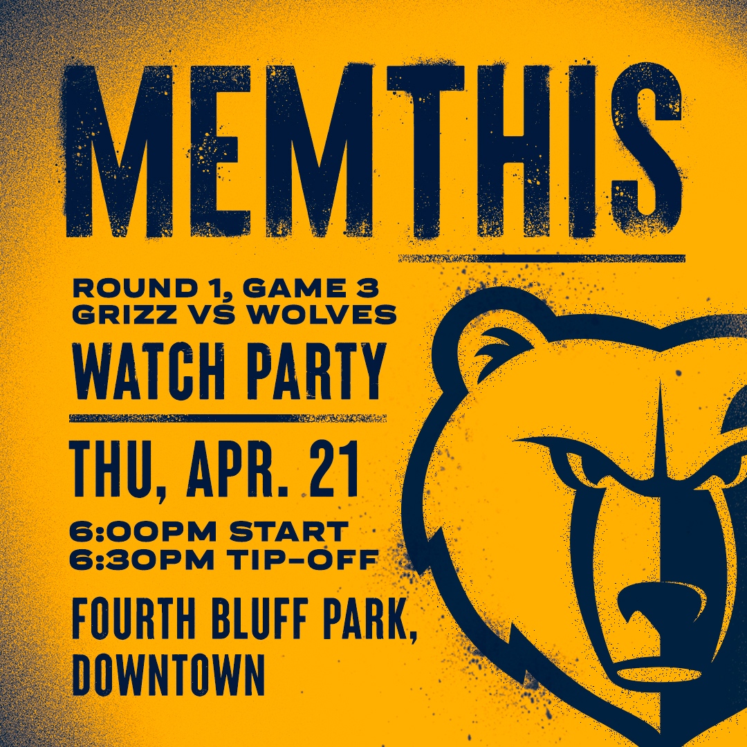 #CometotheRiver and cheer on the Grizz at the official Game 3 Watch Party in Fourth Bluff Park this Thursday🏀 〽️

You WON'T want to miss out on ⤵️
🌯 Local Food Trucks and Vendors
🐻 FREE Swag (while supplies last)
🎶 Live music and performances

See you there! #MEMTHIS #GoGrizz