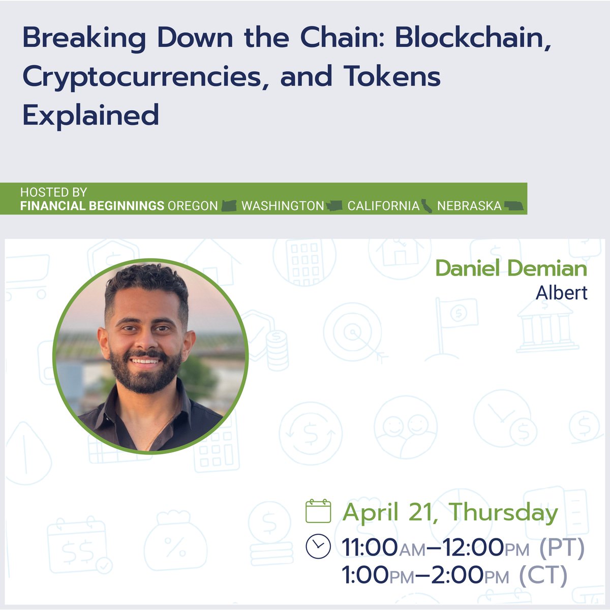FinBegOR's tweet image. Take a dive into the alternative world of cryptocurrencies, starting with the blockchain and how cryptocurrencies function: This Thursday at 11:00 AM! 

Register here: eventbrite.com/e/276194574407