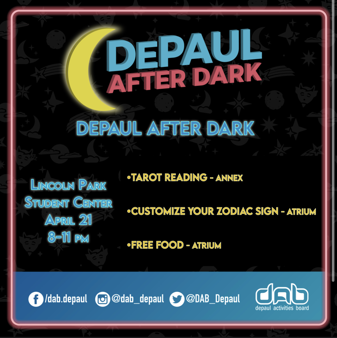 There’s something mystic in the air...join us for a night of tarot reading, zodiac activities, and more. Find out what the universe has in store for you this Thursday! 

🔮✨🔮✨🔮✨🔮✨🔮✨🔮✨🔮

#depaulactivitiesboard #dabspringevents #depauluniversity #depaul