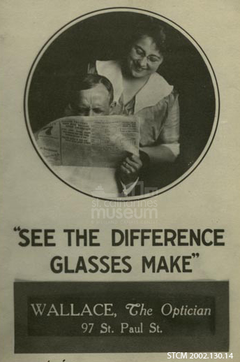 StCMuseum's tweet photo. As we get close to the end of the #MuseumsofNiagara #MuseumRumble, you #MustSee clearly to be able to see all the great things at Museums in Niagara! Here's an ad from our collection for Wallace, The Optician. They were located on St. Paul St in @St_Catharines from 1906-1934. https://t.co/dc1ylD9KCq