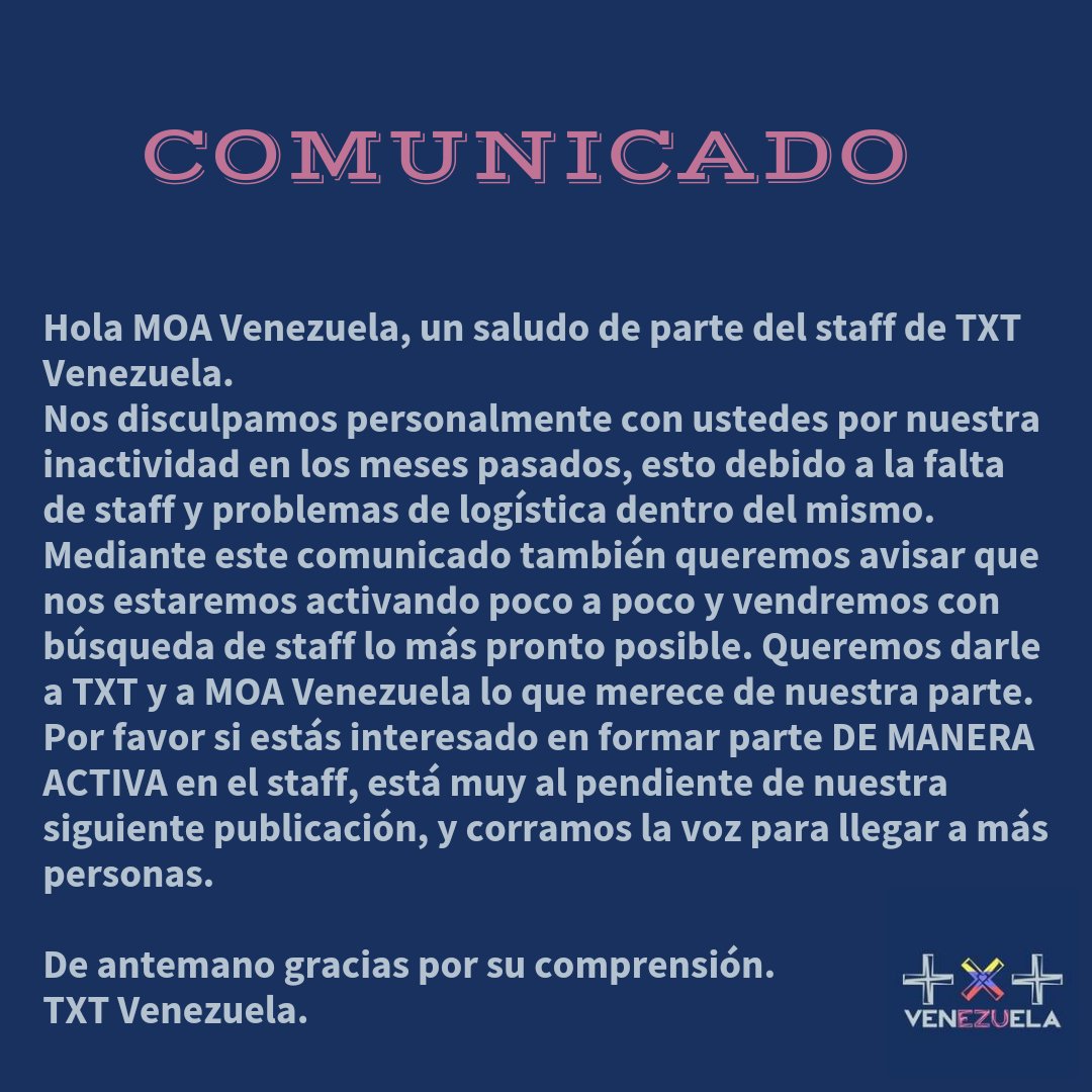 TXTVenezuela's tweet photo. 📣 COMUNICADO 📣 

De ante mano gracias por su comprensión.

TXT Venezuela. 
@TXT_members @TXT_bighit https://t.co/vKU2n4dROT
