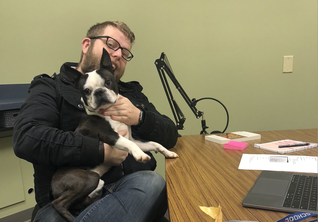 srdlobdell's tweet photo. Phinehas living his best life with Dr. Hank during staff meeting!

#BringYourBostonToWorkDay #MadeThatUp https://t.co/O4YrNzm5R8