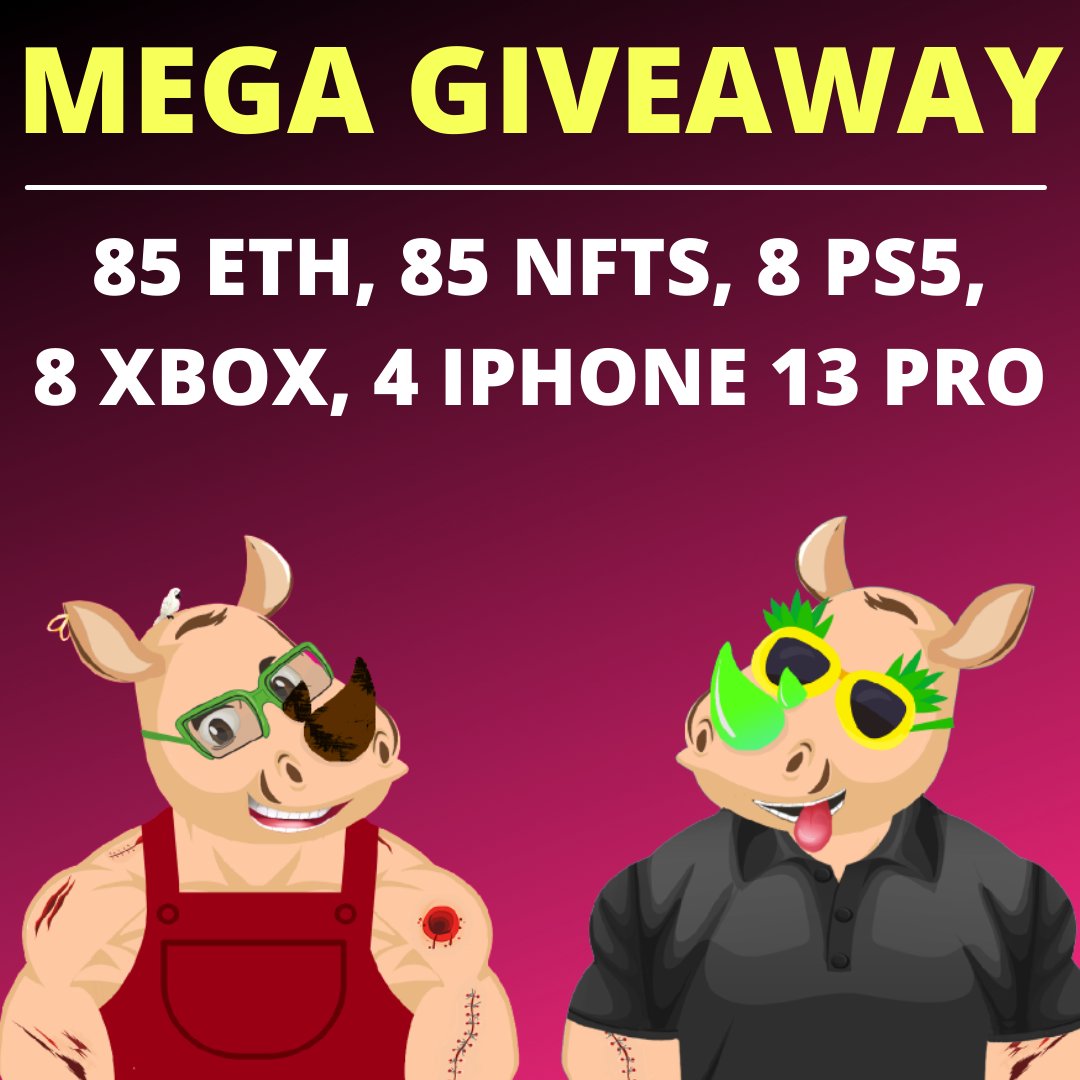 WittyRhinoClub's tweet photo. 🎁Mega #Giveaway Alert🎁

@WittyRhinoClub is giving away huge benefits to Wittylisted Minters!

🎉85 ETH
🎉85 NFTS
🎉8 PS5
🎉8 Xbox
🎉14 iPhone 13 Pro

Follow @WittyRhinoClub, RT &amp; Join Discord to get Wittylisted👇

✅https://t.co/aygxlicOnJ

#nftgiveaway #nfts #nft #NFTCommunity https://t.co/BNxTQQ0iBg