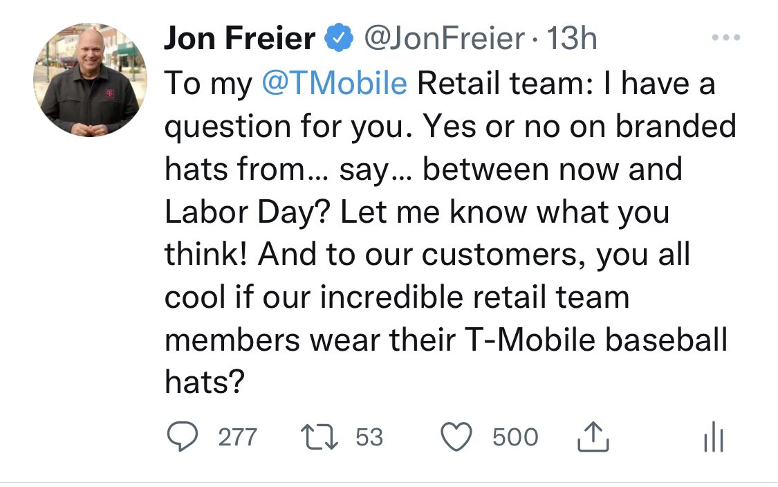 At least 500 of you have voted with your “like”! So, starting today, <a href="/TMobile/">T-Mobile</a> HATS ARE BACK through at least Labor Day! 🎉🎉🎉 And for the 500th like, I’m giving a $200 <a href="/TMobile/">T-Mobile</a> Gear gift card to @YoungMetroMiggy! <a href="/TMobileHelp/">T-Mobile Help</a> will be in touch soon!