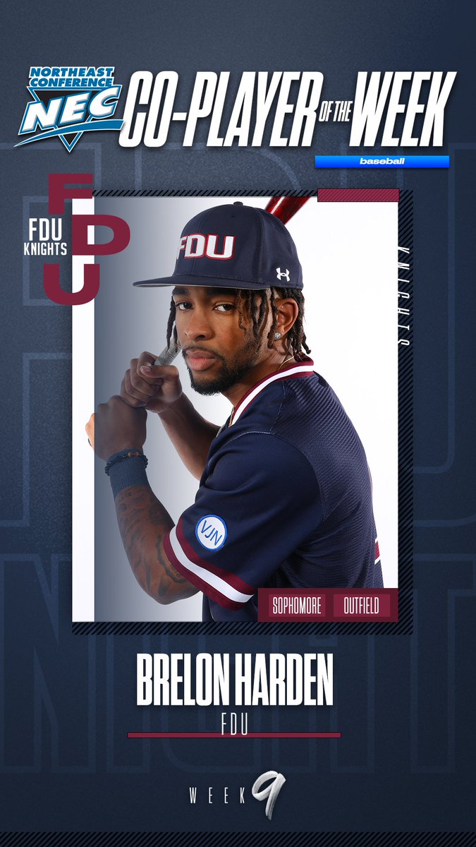 necbaseball's tweet photo. 🏅#NECbaseball Co-Players of the Week🏅

👉Brelon Harden, @FDUKnightsBase

⚾️Hit .450 and slugged 1.000 with 2 doubles, a triple, 2 dingers, 7 runs, and 12 RBIs during FDU's 4-0 week. He hit a grand slam, drove in 5 runs in 15-3 win, then hit for the cycle in a 20-10 win over MSM https://t.co/ytLxXkuuPP