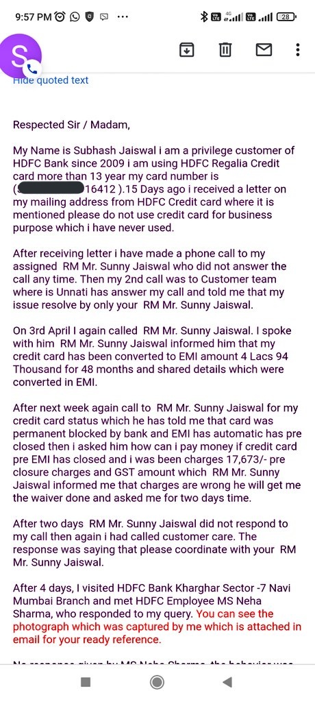 bobbyjaiswal22's tweet photo. #sashidharjagdishan #HDFCBank #HDFC #hdfcmerger #hdfccare #aajtak
#indiatv Hdfc bank ki tanashahi no resolution I have written email twice to MD and senior management but no response only reply by MD desk to regret to inform no waiver charges? 
Which is add forcefully pay to cust https://t.co/32GauGlSv5