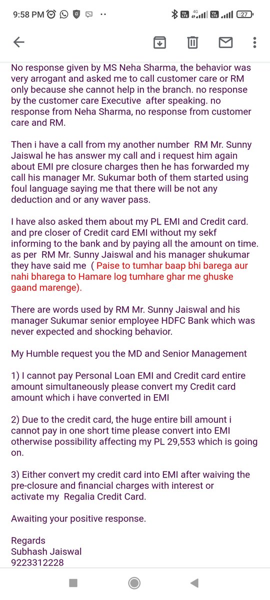 bobbyjaiswal22's tweet photo. #sashidharjagdishan #HDFCBank #HDFC #hdfcmerger #hdfccare #aajtak
#indiatv Hdfc bank ki tanashahi no resolution I have written email twice to MD and senior management but no response only reply by MD desk to regret to inform no waiver charges? 
Which is add forcefully pay to cust https://t.co/32GauGlSv5