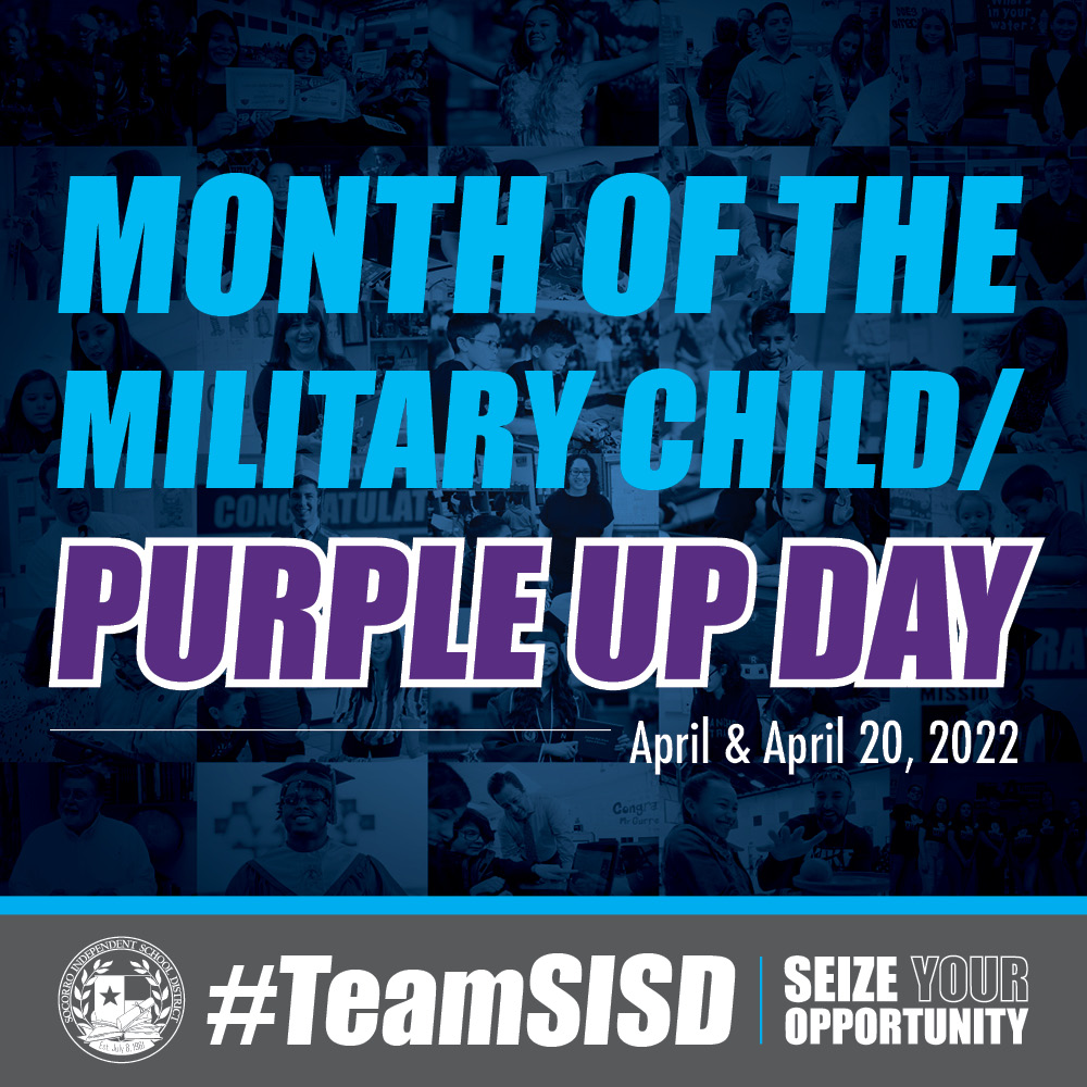 SocorroISD's tweet photo. DON'T FORGET TO WEAR YOUR PURPLE TOMORROW! 💜 April is Month of the Military Child and April 20 is #PurpleUpDay! Sport your purple attire to show your support for our admirable #TeamSISD military students! https://t.co/ITpk1bAfhu