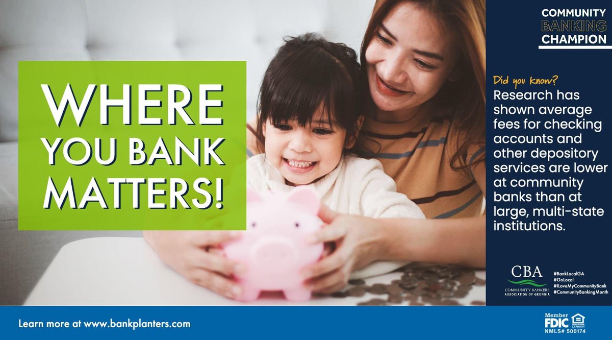bankplanters's tweet photo. April is #communitybankingmonth!
Where you bank matters. Planters First Bank is proud to be your community bank since 1896! #BankLocalGA #GoLocal #ILoveMyCommunityBank https://t.co/mRc5YhUUyy