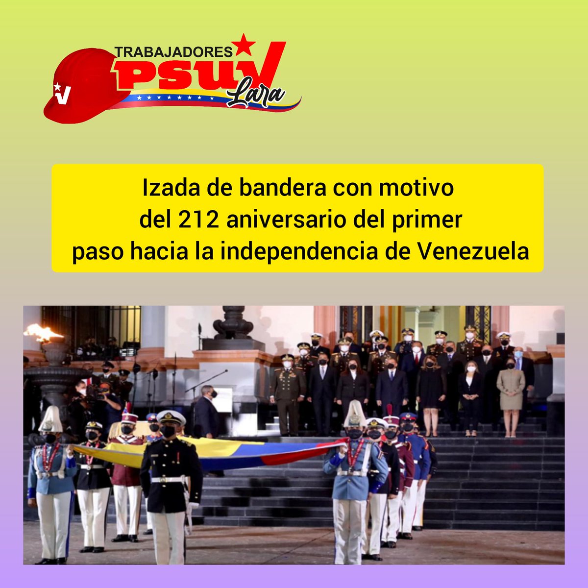 Noti Trabajadores PSUV Lara. #19Abril

*Izada de bandera con motivo del 212 aniversario del primer paso hacia la independencia de Venezuela.

#GritoAntiimperialista <a href="/PartidoPSUV/">PSUV</a>