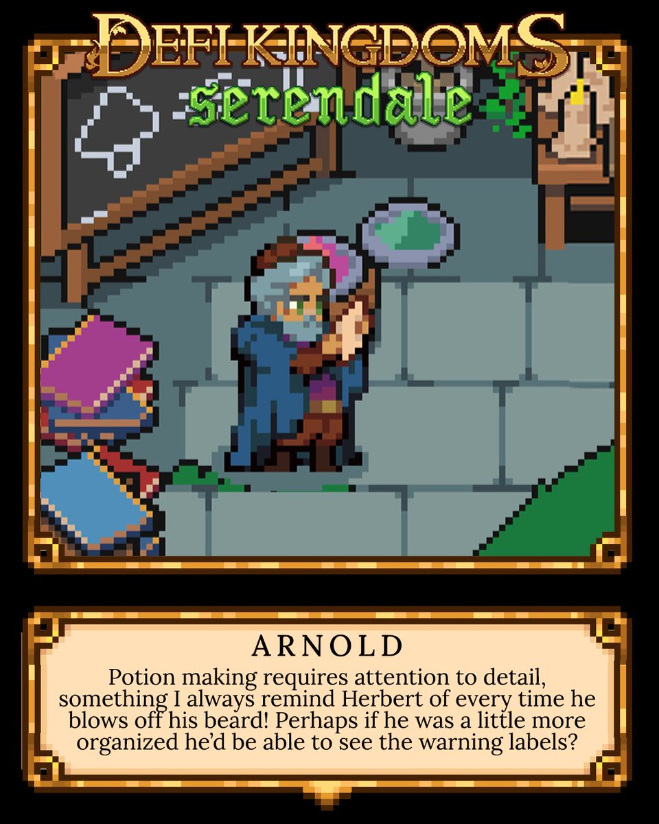DeFiKingdoms's tweet photo. 🏰Have you visited the Alchemist lately? Arnold has been hanging out there waiting to help your Heroes with their Intelligence with Training Quests coming out tomorrow. Training Quests will provide more experience than the current Level 0 Profession Skill Quests!🏰 https://t.co/QCkxjodRU0