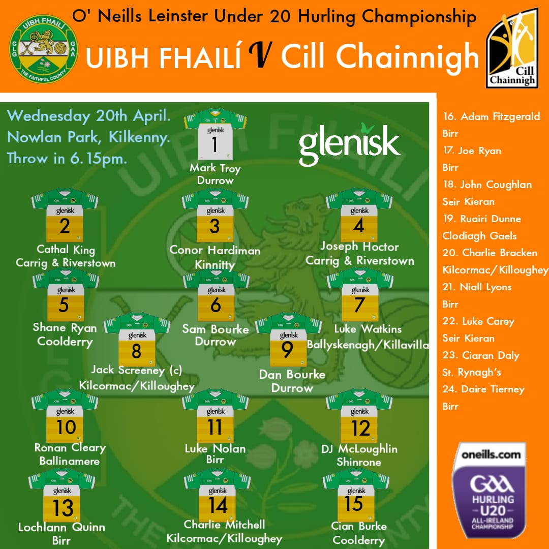 Offaly_GAA's tweet photo. Best of luck to Offaly U20 hurlers who play Kilkenny in the Leinster Championship on Wednesday evening, 20th April. Please note the throw-in is at 6.15pm in Nowlan Park.
This is the link for tickets:
https://t.co/hITr9vVXWC https://t.co/LTM4l0JrAu