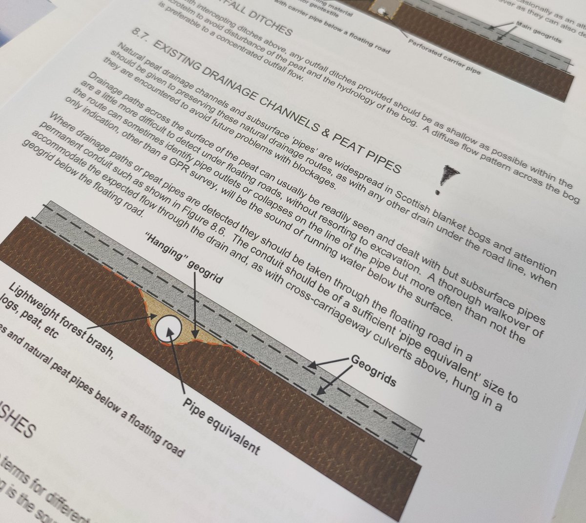 TacoRegensburg's tweet photo. SNH report (2011) (now NatureScot) on floating roads on peat details not to obstruct peat pipes for road construction.... to spare nature. What is the thought behind this? Surely not re-wetting for climate mitigation? Time for a revision perhaps? #blockingpeatpipes @nature_scot https://t.co/iVYBKuntLL