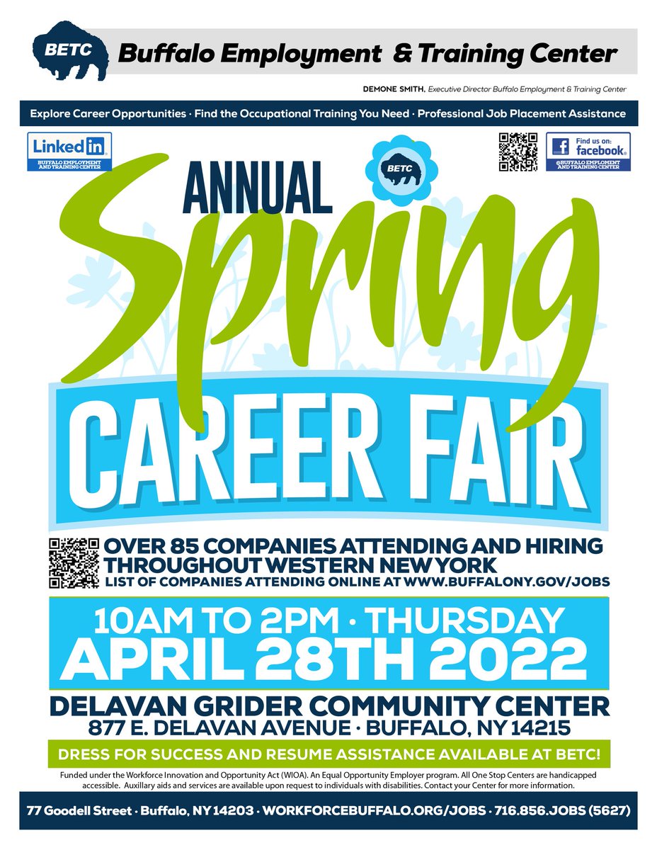 betc716's tweet photo. The BETC is hosting our Annual Spring Career Fair on Thursday, April 28th, 2022 from 10 AM to 2 PM. 
Over 85 Employers of all different fields will be in attendance!
The List of Companies Attending is online at: https://t.co/K6EsdwNut3
This event is Free&amp;Open to All! #careerfair https://t.co/aWuie03yh1
