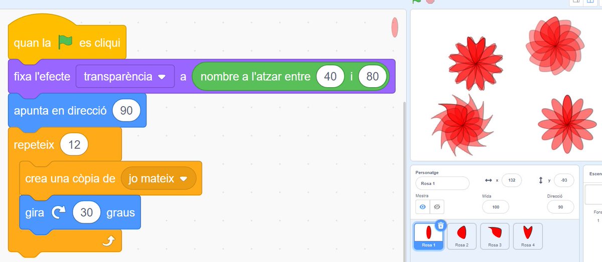 franksabate's tweet image. Per si voleu regalar/programar una rosa amb @scratch per aquest #SantJordi2022. Dissenyeu el vostre pètal i jugueu amb els efectes gràfics, amb les iteracions, amb els girs,... 🌹 📘