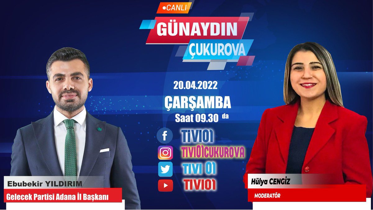 Yarın Saat 09:30 ‘da Gazeteci 
Hülya Cengiz’in sunduğu
“Günaydın Çukurova” programına konuğuz.

Siyasetin haricinde bu defa Sanatı, Kitapları, Edebiyatı ve İnsanı konuşacağız... Bekleriz