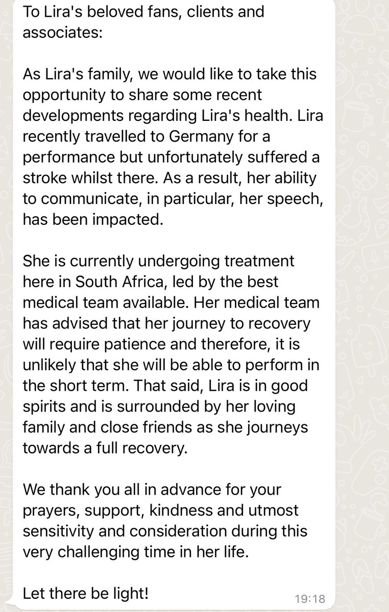 JUST IN: 

Singer Lira hospitalised 

According to a statement, the SAMA winner suffered a stroke. 

She is back in South Africa and getting medical attention. 

She is recuperating and the family asks for prayers. 

#KgopoloReports