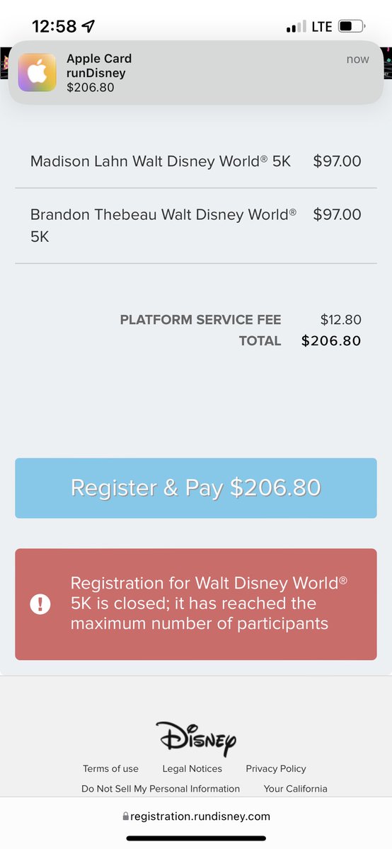 lahnm's tweet photo. just spent 4 hours of my life and $400 trying to register for a disney 5k then a 10k just for them to take my money and tell me it’s sold out sucker https://t.co/CAdsyIK4EG
