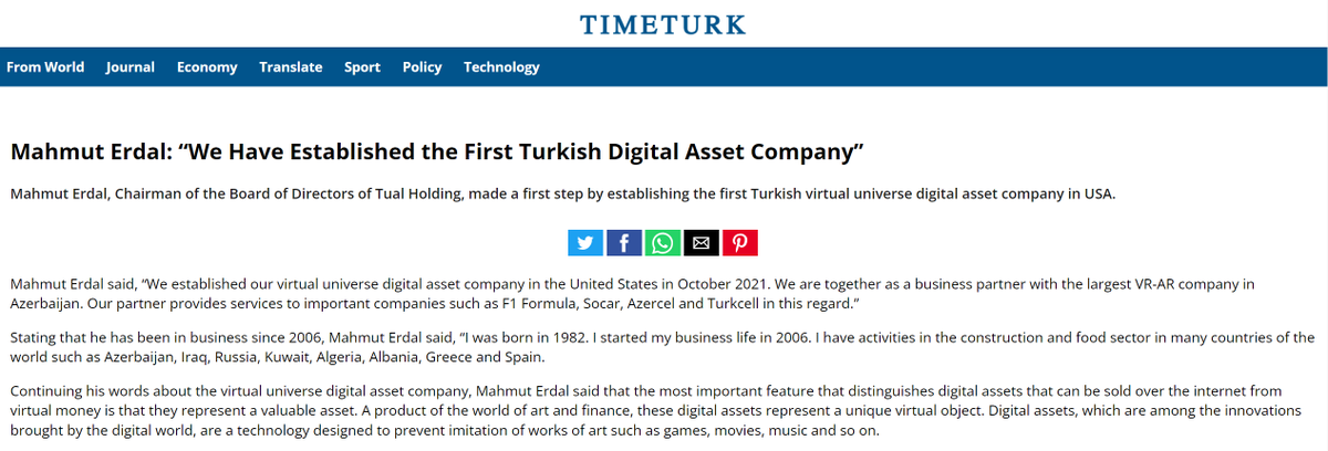 nfttual's tweet photo. Mahmut Erdal who is Chairman of Tual Holding, interviewed TIMETURK(@timeturk) about Tual Holding and Metaverse ecosystem. For the details of the interview;

https://t.co/Dz7Mtp0DLN https://t.co/Fm2h9ZsMo4