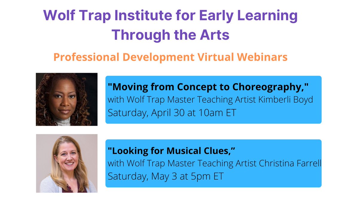 WolfTrap_Edu's tweet photo. Teachers: Looking for new ideas and strategies to build arts into your #LessonPlans? Join Wolf Trap Master Teaching Artists for two free virtual #ProfessionalDevelopment webinars Sat., April 30 and Tues., May 3. Register → https://t.co/vg0uqRVgNS #TeacherTwitter #EduTwitter https://t.co/SqZz8zoVuD