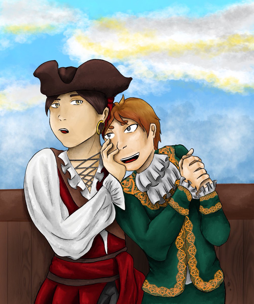 cicero_draws's tweet photo. This piece is for @cinnamonneo_ for the #SunaKomoEx2022 organized by @SunaKomoExch 
I hope you like it ❤️ I went with pirate Suna and royal Komori who got abducted and is evidently super scared:D (Poor Suna has to live through his mockery and damsel–in–distress roleplay) https://t.co/VBncF5Fh7T