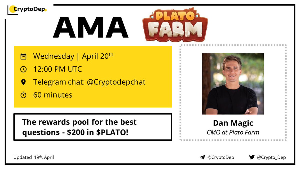 Crypto_Dep's tweet photo. 👑 Dear community, @Crypto_Dep will host an #AMA with @Plato_Farm $PLATO team on Wednesday, 20th of April, at 12:00 PM UTC in the #CryptoDep Chat

💰 The reward pool for the best question - $200 in $PLATO!

📍 Follow our chat and prepare your questions!
🗣 https://t.co/CKK72pvCKC https://t.co/ZsIbo7MMNH