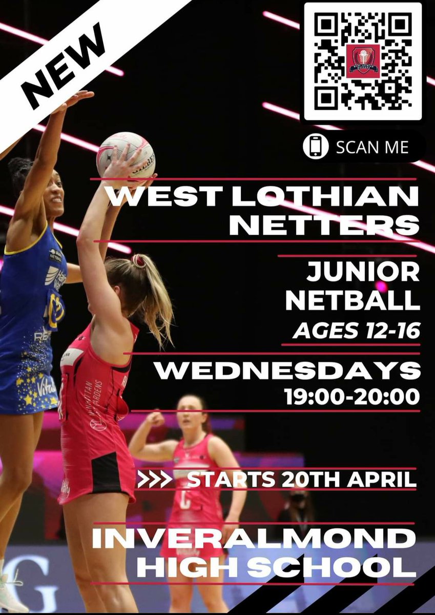 wlothiannetters's tweet photo. Nearly launch night for junior netball in Livingston! Still time for any 12 to 16 year olds to book on!

Wednesday 7pm - 8pm (£2.50) 

@ActiveWL @LoveWestLothian @NetballScotland @WLWildcats @InveralmondP @StMargaretsAcad @JamesYoungHS @JyhsPe @DeanschsPE @deanschs @InveralmondC https://t.co/vKF3iqkxAL