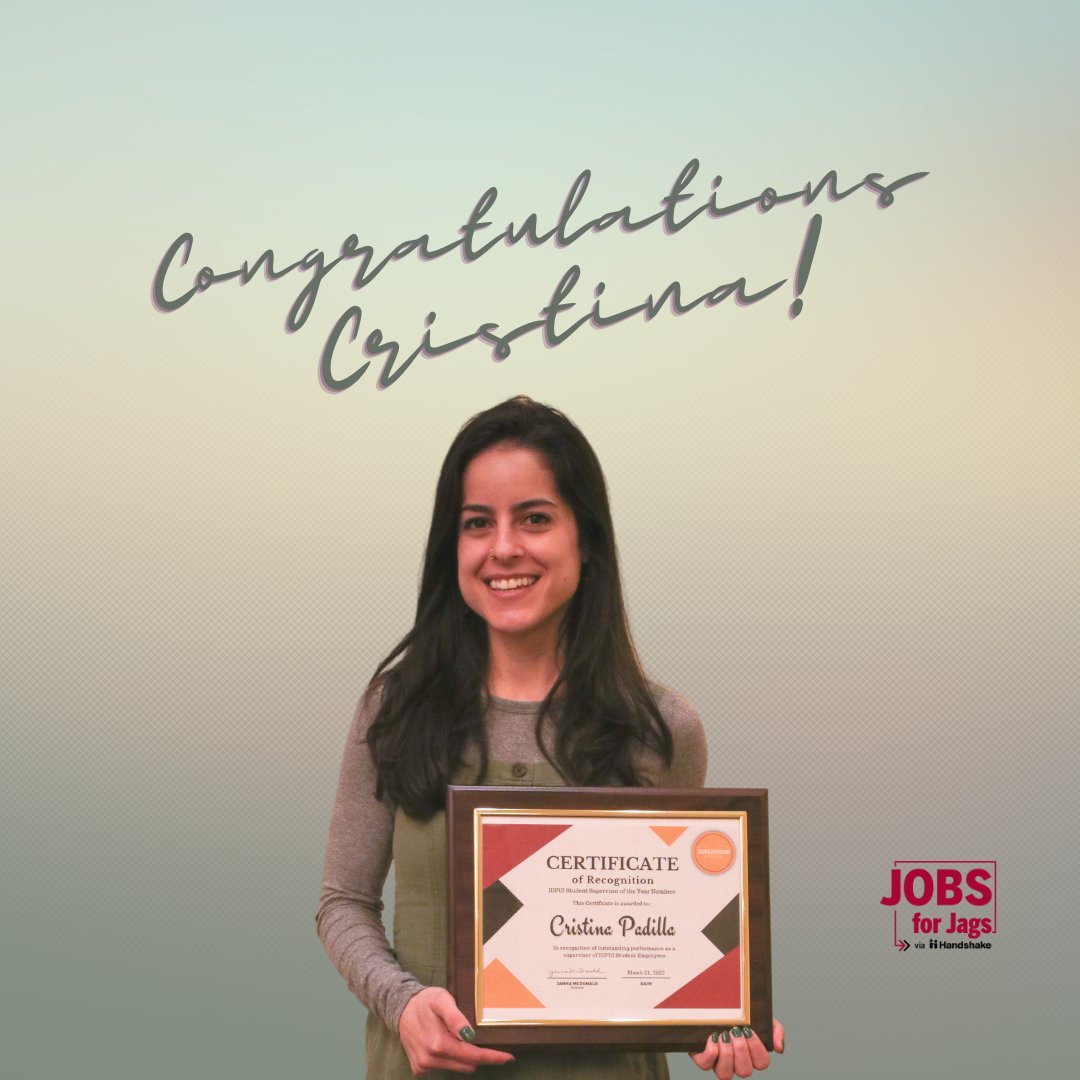 JobsForJags's tweet photo. JAGS! Let's celebrate our 2021-2022 IUPUI Supervisor of the Year ๐ ๐ ๐ Congratulations, Cristina!
#IUPUI #IU #SupervisorOfTheYear https://t.co/J1Vxctj1JJ
