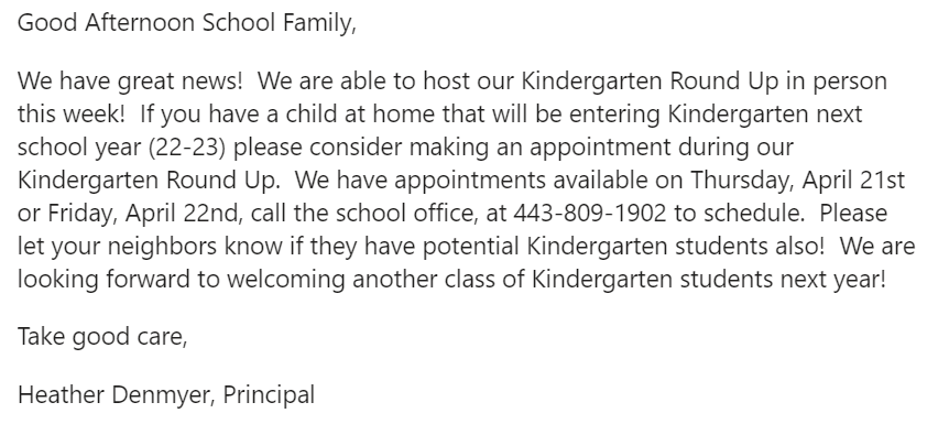 Please help spread the word about our upcoming Kindergarten Round UP. #workhardbekindhavefun @HeatherDenmyer